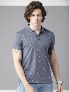 Roadster Printed Men Polo Neck Grey T-Shirt