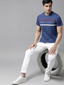 Roadster Printed Men Round Neck Blue T-Shirt