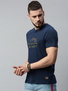 Roadster Printed Men Round Neck Dark Blue