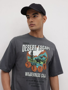 Roadster Printed Men Round Neck Grey T-Shirt