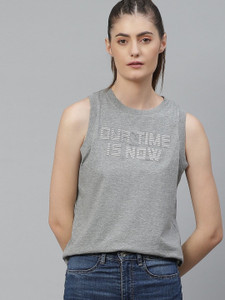 Roadster Printed Women Round Neck Grey T-Shirt