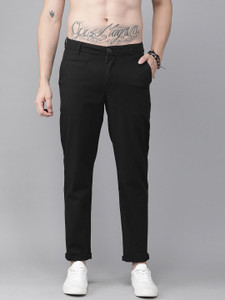 roadster men regular fit black cotton blend trousers