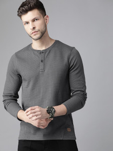 Roadster Self Design Men Henley Neck Grey