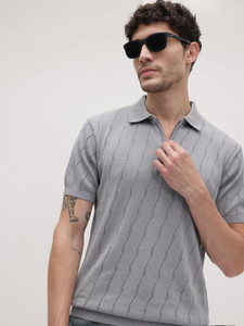 Roadster Self Design Men Polo Neck Grey