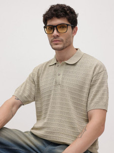Roadster Self Design Men Polo Neck Brown