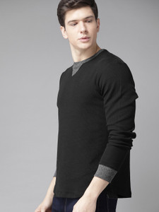 Roadster Self Design Men Round Neck Black