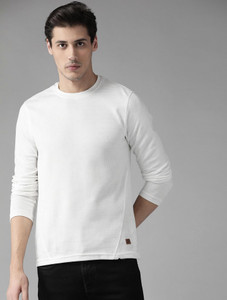 Roadster Self Design Men Round Neck White