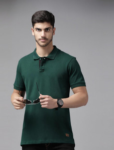 Roadster Solid Men Polo Neck Green T-Shirt