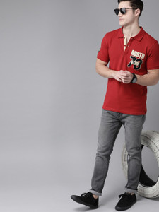 Roadster Solid Men Polo Neck Red T-Shirt