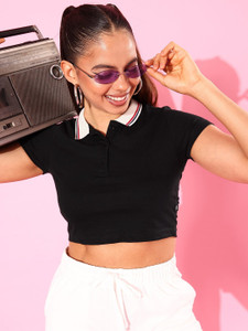 Roadster Solid Women Polo Neck Black T-Shirt