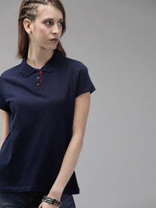 Roadster Solid Women Polo Neck Dark Blue