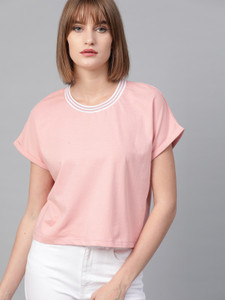 Roadster Solid Women Round Neck Pink T-Shirt