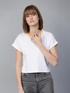 Roadster Solid Women Round Neck White T-Shirt