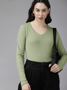 Roadster Solid Women V Neck Light Green