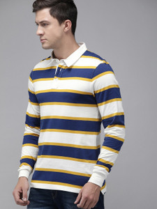 Roadster Striped Men Polo Neck White Blue