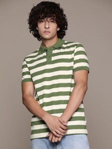 Roadster Striped Men Polo Neck White T-Shirt