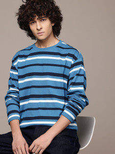 Roadster Striped Men Round Neck Blue T-Shirt