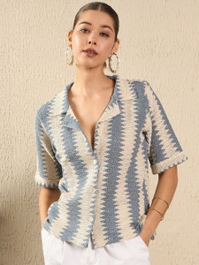 Roadster Women Self Design Casual Blue Shirt