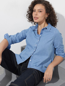 Roadster Women Washed Casual Blue Shirt