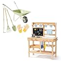 ROBOTIME Mud Kitchen & Kids Wheelbarrow Set, Wooden Outdoor Play Kitchen with Real Water Flow, Planting Tools & Metal Wheelbarrow, Backyard Sensory Play and Gardening Toy Bundle for Kids Ages 3+