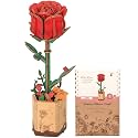ROBOTIME Red Rose 3D Wooden Flower Puzzle, DIY Craft Kit for Adults, Everlasting Artificial Floral Bouquet, Creative Gift