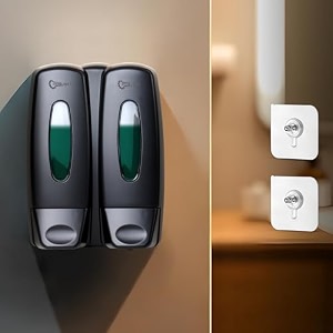 robustt versatile double section wall mount liquid soap dispenser - 2 x 350ml capacity - with adhesive hooks  space-saving design for bathroom kitchen hotels malls  easy installation pack of 1