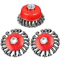 Rocaris 3 Pack Wire Wheel Brush for Angle Grinders,4 Inch Wire Brush for 4 1/2 Angle Grinder,4 Inch &amp; 3 Inch Twist Knotted Wheels with 5/8" Thread Arbor for Removing Rust