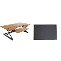 Rocelco 46" Large Height Adjustable Standing Desk Converter with Anti Fatigue Mat BUNDLE - Quick Sit Stand Up Triple Monitor Riser - Retractable Keyboard Tray - Teak Wood Grain (R DADRT-46-MAFM)