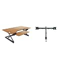 Rocelco 46" Large Height Adjustable Standing Desk Converter with Double Monitor Mount BUNDLE - Sit Stand Up Computer Workstation Riser - Retractable Keyboard Tray - Teak Wood Grain (R DADRT-46-DM2)