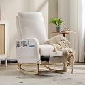 Rocking Nursery Chair with Footrest, Upholstered Nursery Glider Rocker Solid Wood Legs, Morden Accent Comfy Rocking Chair with Lumbar Pillow for Living Room, Bedroom, Teddy White