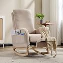 Rocking Nursery Chair with Footrest, Upholstered Nursery Glider Rocker Solid Wood Legs, Morden Accent Comfy Rocking Chair with Lumbar Pillow for Living Room, Bedroom, Teddy Beige