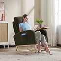 Rocking Nursery Chair, Upholstered Nursery Glider Rocker Solid Wood Legs, Morden Accent Comfy Rocking Chair with Lumbar Pillow for Living Room, Bedroom, Teddy Green (Green, No Footrest)