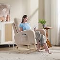 Rocking Nursery Chair, Upholstered Nursery Glider Rocker Solid Wood Legs, Morden Accent Comfy Rocking Chair with Lumbar Pillow for Living Room, Bedroom, Teddy Green (Beige, No Footrest)
