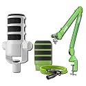 Rode PodMic White Podcast Mic Bundle with Green PSA1+ Arm &amp; Pop Filter | Cardioid dynamic capsule, 320 ohm passive XLR output, color-matched green desk rig for streaming, gaming and voiceover