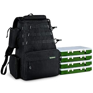 rodeel fishing tackle backpack with 4 tackle tray 2 fishing rod holders large storage water resistant amp weatherproof backpack for trout fishing outdoor sports camping hiking