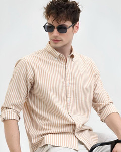 RODEIZ Men Striped Casual Beige White Shirt