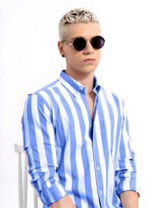 RODEIZ Men Striped Casual Blue Shirt