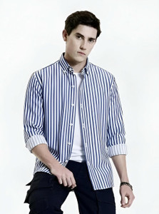 RODEIZ Men Striped Casual Dark Blue White