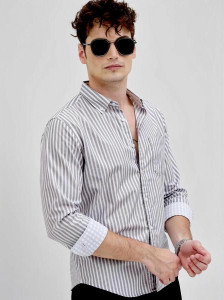 RODEIZ Men Striped Casual Grey White Shirt