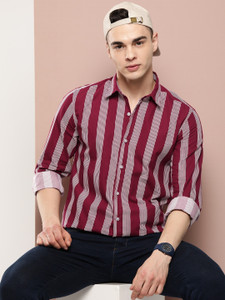 RODEIZ Men Striped Casual Maroon White Shirt