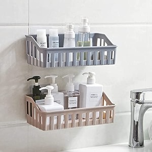 plastic rectangular multipurpose wall shelves shelf self-adhesive sticker hooks wall holder bathroom storage rack box strong shower rack shelf multi color pack of 2