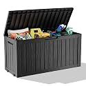 ROJIK Deck Box Storage Bench with Wheels Outdoor, 140 Gallon, Black