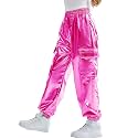 Rolanko Girls Metallic Cargo Pants, Shiny Jogger Pant for Dance 6-15 Years