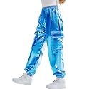 Rolanko Girls Metallic Cargo Pants, Shiny Jogger Pant for Dance 6-15 Years