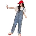 Rolanko Girls Overalls Denim Bib Distressed Jumpsuit Kids Blue Baggy Jean Pants 4-14 Years with Pockets