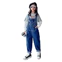 Rolanko Girls Overalls Denim Bib Distressed Jumpsuit Kids Blue Baggy Jean Pants 4-14 Years with Pockets