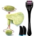 Roller With 540 Titanium Micro Needles, No Battery Required, 0.5Mm, Beard Hair Growth Kit+Ade Roller &amp; Gua Sha Stone - Set Of 3 Handheld Massager With Finger Sleeve