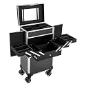 Rolling Makeup Train Case, Professional Cosmetic Trolley Large Storage with Keys Wheels Mirror, Salon Barber Case, Traveling Cart Trunk, for Make Up Hairstylists Embroiderer Nail Black and Silver
