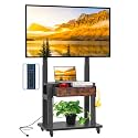 Rolling TV Stand with Power Outlet for 32-75 Inch Flat/Curved Screen up to 220lbs LCD/LED/OLED Mobile TV Stand with Fabric Drawer and Wheels Adjustable Height for Home Office Max VESA 600x400mm Black