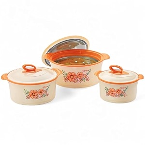 rolon seasons insulated casserole set  700ml 1150ml 1850ml  floral print hot pot with lid  food grade thermoware for kitchen amp serving - orange